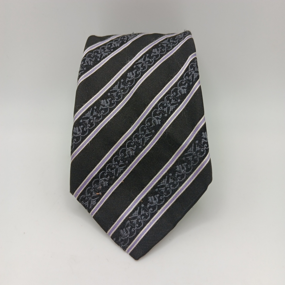 GIANFRANCO FERRE 100% Silk Necktie Black Violet White Stripe Made In Italy Gift